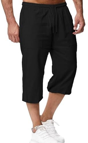 LVCBL herr, linneshorts, 3/4 långa byxor, sommarbyxor, strand, yoga, joggare, lediga sweatpants, svart, L