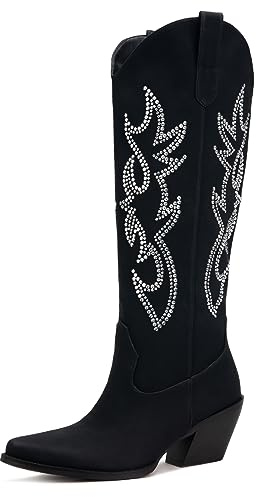 Pasuot Western Cowboy Boots for Women - Knee High Wide Calf Cowgirl Boots, Slip On Pointed Toe Chunky Heel Fashion Retro Classic Pull On Tall Boot for ladies Party concert Black & Rhinestone US 8