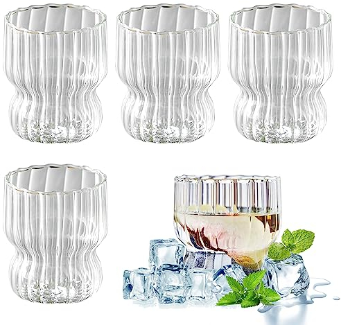 Nizirioo Juego de vasos acanalados: 4 vasos de 300 ml para latte macchiato de doble pared con cristal acanalado de burbujas de vidrio de borosilicato para latte, té, helado, leche, cerveza