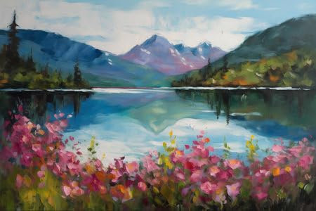 adrium Acryl-Bild 60 x 40 cm: Bergseelandschaft. Digitale Zeichnung. Bergsee mit bunten Blumen. (207952482)