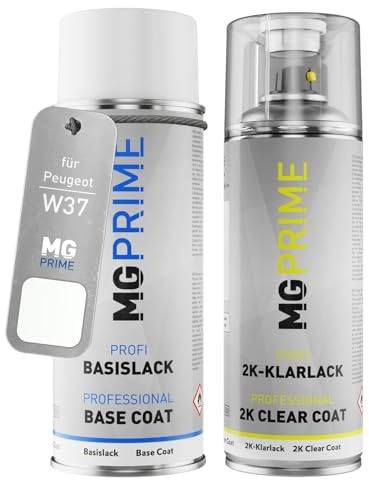 MG PRIME Autolack 2K Spraydosen Set für Peugeot W37 Blanc Antarctique/Antarktis Weiss Basislack 2 Komponenten Klarlack Sprühdose