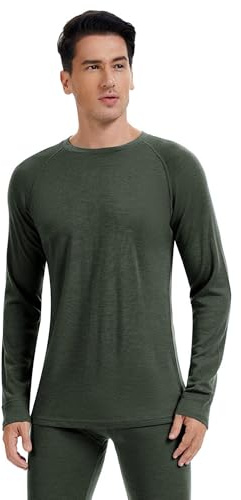 woolcano Herren Thermo Oberteil, 100% Merinowolle, Warmes & Atmungsaktives Langarmshirt, Baselayer für Winter & Outdoor Armeegrün XL