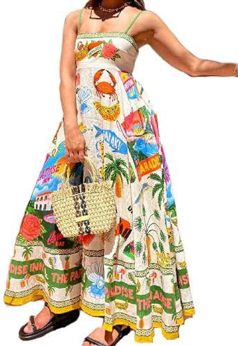 YILEEGOO Maxi abito lungo da donna in cotone e lino con spalline sottili, stampa serpente etnico, estivo, casual, senza maniche, maxi abito a canotta, Q1-multicolore, S