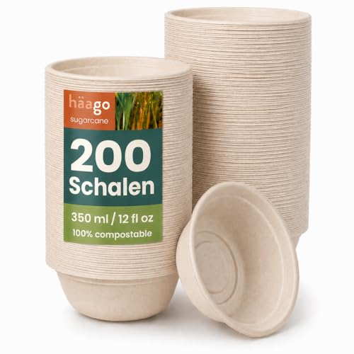 HAAGO - 200 Zuckerrohrschalen, Starke Papierschalen - Heim kompostierbar Partyschalen für Zuhause, Biologisch abbaubar, Einwegschalen für heiße und kalte Speisen - 350ml