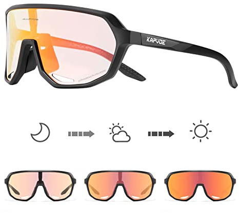 KAPVOE Selbsttönende Fahrradbrille UV400 TR90 Herren Damen K63 | Klar zu Rot photochromatisch CAT.1-CAT.2, UV400, Belüftung, leichter TR90