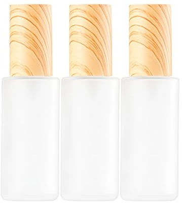 Lot de 3 flacons à pompe de voyage en verre mat de 50 ml pour articles de toilette, distributeur de lotion, savon avec couvercle en plastique grain de bois pour crème tonique et huiles essentielles