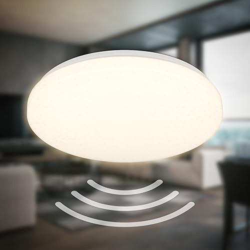 B.K.Licht - LED Deckenlampe mit Bewegungsmelder 3m Reichweite IP54, warmweißes Licht, 120 Grad Erfassung, LED Deckenleuchte, Lampe, Badlampe, Badezimmerlampe, Küchenlampe, 27x6,5 cm, Weiß
