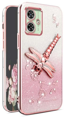 YUEQIAN Funda Glitter para Motorola Moto G14 4G, Ultra Delgado Brillante Diamantes Flores Libélula Soporte Carcasa, Purpurina Transparente Antigolpes Mujeres Cubierta.Rosa
