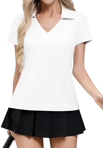 Missufe Damen Poloshirts Kurzarm Sporttop Sommer V-Ausschnitt UPF 50+ Golf Schnelltrocknend Atmungsaktiv Funktionsshirt Laufshirt (weiß, XXL)