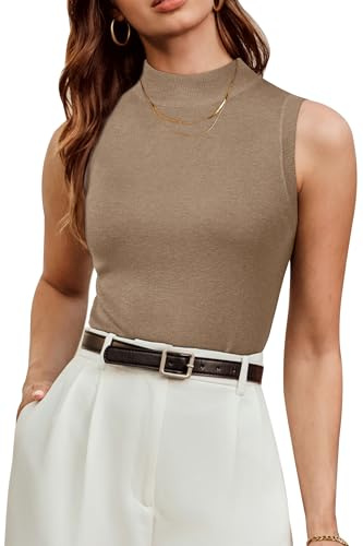 Arach&Cloz 2026 Womens Cashmere Sweater Vest Tank Layering Tops Summer Fall Sleeveless High Mock Neck Soft Stretchy Cute Fashion Dressy Business Casual Outfits Trendy Slim Work Basics Clothes Camel