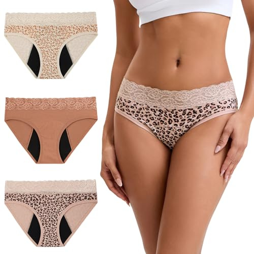 INNERSY Braga Menstrual Mujer Encaje Braguitas Menstruales Algodon Ropa Interior Periodo Pack de 3 (XL, 2 Leopardo/1 Color Liso)
