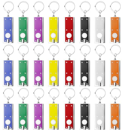 WIYETY Lot de 24 mini lampes de poche LED : 8 couleurs, lampe de poche carrée avec porte-clés et piles, lampe de poche portable pour extérieur, camping, randonnée, chasse, urgences