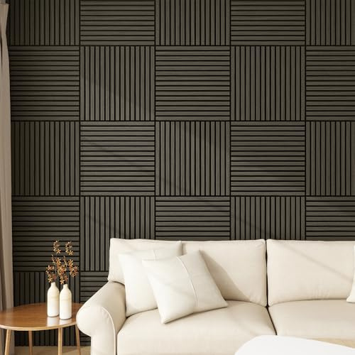 NEU.HOLZ Akustik Wandpaneele Vang 12er Set Wandverkleidung zum Kleben und Schrauben 4,32 m² Holzfurnier 3D Paneele geradlinige Lamellen in Eichenoptik, dunkelgrau