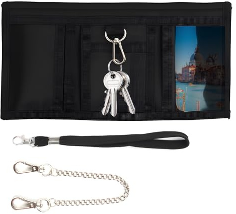 Lunpoem Geldbeutel Kinder Slim Geldbörse Schwarz, Jungen Portmonee Kinder mit Kette Clip, Faltbare Dreifache Portemonnaie mit Reißverschluss Münzfach und Sichtfenster, Slim Geldbeutel mit Kette