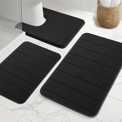 NAKIHOUSE Lot de 3 tapis de bain en mousse à mémoire de forme, antidérapants et absorbants, lavables, doux et à séchage rapide, tapis de salle de bain pour douche, WC et baignoire, noir