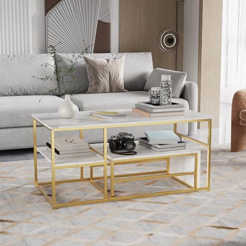 Satsbord set om 2, soffbord rektangulärt i marmoroptik med metallram, vardagsrumsbord med förvaringsutrymme modernt, kaffebord soffbord sidobord för vardagsrum balkong kontor, guld, 105x52x48,5 cm