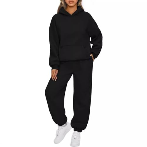 Generisch Set tuta da allenamento da donna, 2 pezzi, tuta lounge con cappuccio, pantaloni da jogging alla moda autunnale con tasche, Nero , XL