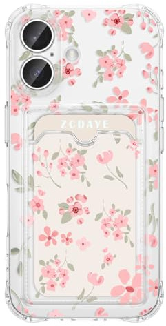 ZCDAYE Fodral för iPhone 17 med korthållare, söta blommor mönster mobiltelefonfodral TPU klart fodral elegant dam dam mobiltelefonfodral stabil ädel väska för iPhone 17 (6,3 tum, mjuk rosa