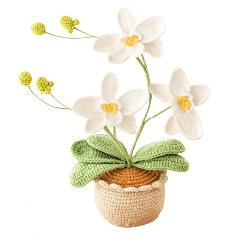 Magicherry Fiori di orchidea all'uncinetto in vaso, fatti a mano, fiori artificiali a 3 teste Phalaenopsis con squisito vaso per regali di Natale, compleanno, laurea, bianco