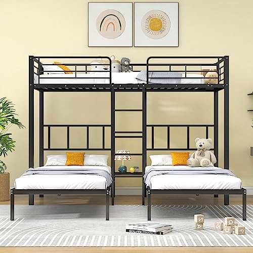 Cayipng Letto a castello per bambini per 3 posti con tavolo,letto castello bambini/adulti con 3 letti 90x200 cm,letto a soppalco salvaspazio in ferro con scaletta,ringhiera di sicurezza,EN747,Nero