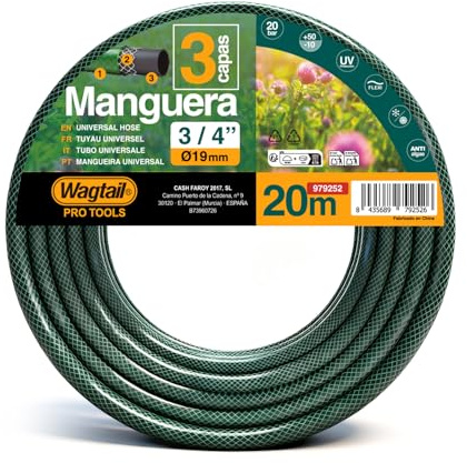 Manguera de Jardín 20 m 3/4” (Ø19 mm), Manguera de Riego de 3 Capas, Protección UV y Sistema Anti-Algas, Flexible para Jardín y Exterior (3/4pulgadas, 200, Centímetros)