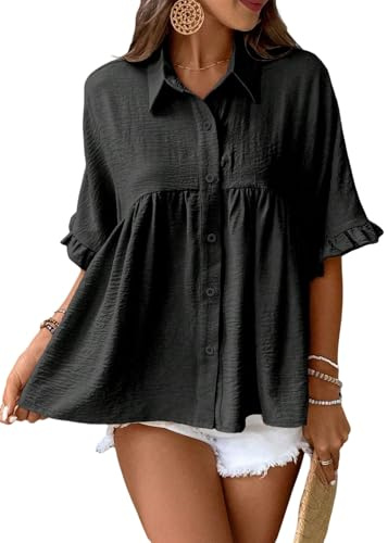 GORGLITTER Damblus, skjortkrage, sommarblus, kortärmad fritidsblus, babydoll, volangblus, lösa toppar, sommarkläder, svart, M