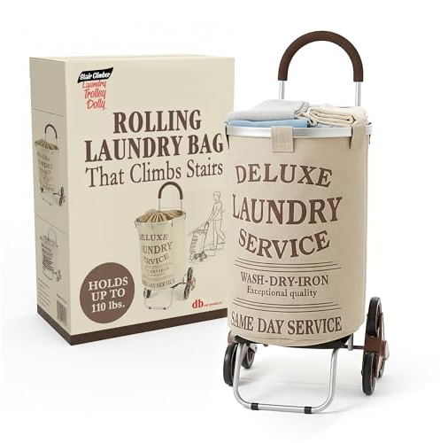 dbest products Stair Climber Laundry Trolley Dolly, Beige Laundry Bag Hamper Basket cart with wheels sorter