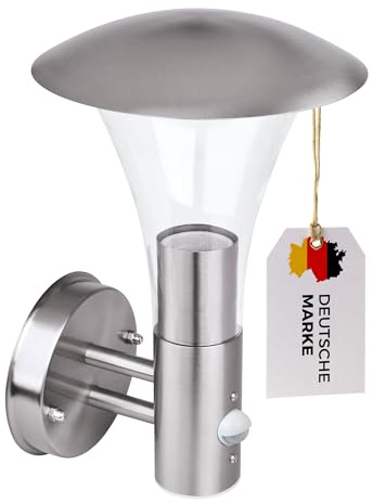 max K O M F O R T Außenwandleuchte 243E1 Edelstahl mit Bewegungsmelder – moderne Wandlampe IP44, E27 Fassung bis 25W, gebürstete Optik, wetterfeste Außenleuchte