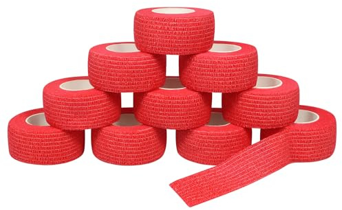 Fingerpflaster Selbsthaftend 10 Rollen 2,5cm Selbstklebender Verband Rot | Pflaster Rolle, Elastisches Tape Wasserfest, Fixierverband Haftbandage für Erste Hilfe Gelenke Finger und Tiere 4,5m