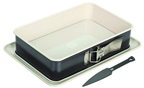 Dr. Oetker Molde rectangular con disolvente para tartas, molde para hornear con base plana resistente a cortes y arañazos con sellado de esmalte, molde cuadrado para tartas (color gris/marrón/crema)