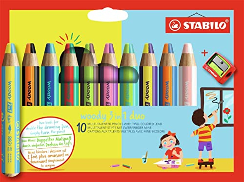 STABILO - Duo Buntstift, Wasserfarbe & Wachsmalkreide - woody 3 in 1 duo - zweifarbige Mine - 10er Pack mit Spitzer - mit 10 Stiften und 20 verschiedenen Farben