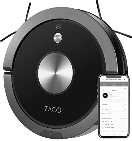 ZACO A9s Saugroboter mit Wischfunktion, App und Alexa Steuerung, 2 Std Laufzeit, für Tierhaare, 3in1 Hartböden wischen, Teppiche staubsaugen und bürsten, Roboterstaubsauger mit Ladestation, schwarz