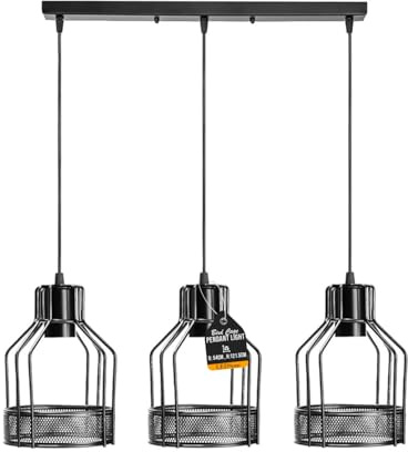 LEDSone Industrial Pendant Light Fixture 3-Light Metal Cage Hanging Lamps 50cm Ceiling Bar 95cm Adjustable Cords for Kitchen Island, Dining Room, Bar, Cafe Lighting