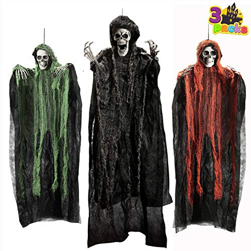 JOYIN 3 Stück Halloween hängende Sensenmänner, 134,6 cm + 80 x 2 cm, hängende Skelett Geister für beste Halloween Innen- und Außendekorationen, Spukhaus Deko