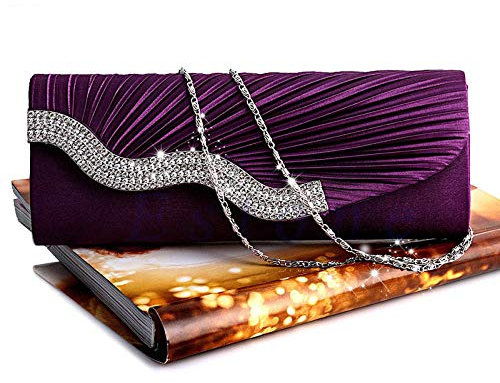 Umhängetasche Damen Clutch Mode Satin Plissee Kristall Abend Handtasche Hochzeit Brautparty Clutch Geldbörse Lila