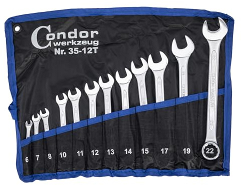 CONDOR Werkzeug 35-12T | Gabel-Ringschlüssel-Satz | 12-tlg. | Chrom-Vanadium-Stahl verchromt | 6-22 mm | Maulschlüssel Satz Ratschenschlüssel Set Profi Werkzeug für Werkstatt und Heimwerker | 35-12T, Gabel-Ringschlüssel-Satz