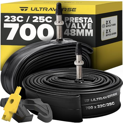 Ultraverse Bike Inner Tube for 700x23-25c, 28 inch Bicycle Wheel Sizes with 48mm Presta Valve - Butyl Rubber Tubes for Road and Gravel Bikes - 2 Tubes with 2 tire levers Included