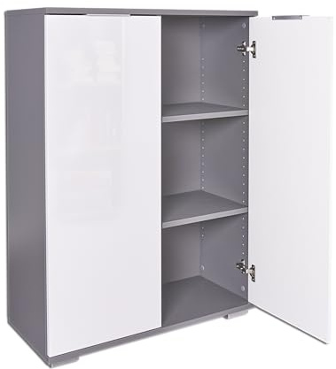 Büroschrank Ordnerschrank Aktenschrank Schrank B 80,2 cm x H 109,5 cm x T 35 cm Bücherschrank Mehrzweckschrank Büromöbel klein, Grau/Hochglanz Weiß