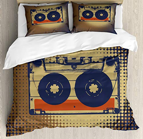 Ambesonne 70s Party Duvet Cover Sets, Audiocassette Retro Music Theme Pop Art Vintage Obsolete Happy Vibes, Bedding Set with 2 Duvet Covers & 4 Pillowcases, 2 Pack Queen Size, Night Blue Tan Orange