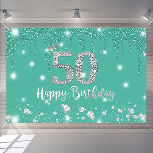 Happy 50th Birthday Hintergrund Banner Party Dekoration für Frauen, 50 Jahre alt Stoffschild Poster, Türkis Fotografie Hintergrund 50. Geburtstag Party Supplies, 150 x 90 cm