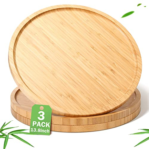 3 Stück Bambus-Serviertablett rund Bambus-Tablett runde Holzteller Holzteller Charcuterie Servierbrett mit Rand für Küche, Theke, Zuhause, Esszimmer, Couchtisch, Obst, Brot, Pflanztopf (34,8 cm)