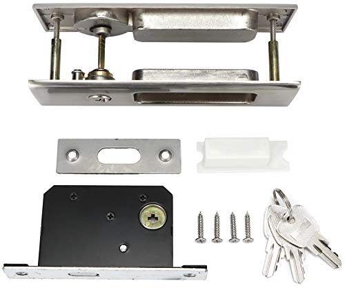 Tomotato Set Serratura per Porta Scorrevole, Serratura a Gancio Singolo per Porta Scorrevole in Lega di Zinco con 3 Chiavi, Kit Maniglia per Serratura per Porta Scorrevole per Porta(Argento)