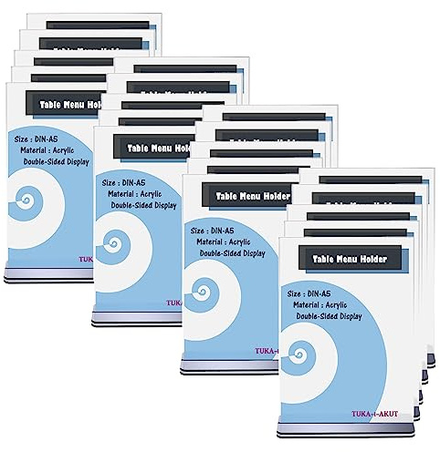TUKA 20x A5 Menu Soporte Doble Cara, Forma de T con Base, Soportes de Sobremesa para Carteles, Menús, Promociones, Porta Carteles. T Expositor de Mesa, Acrílico Transparente, Vertical TKD8205-A5-20x