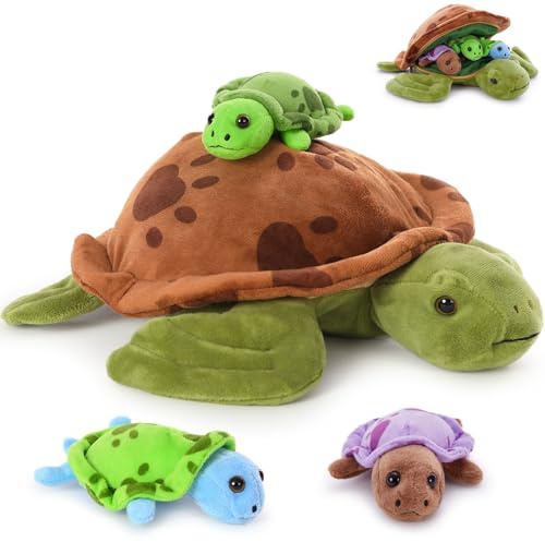 MorisMos 32cm Plüsch Kuscheltier Schildkröte mit 3 Baby im Panzer, 4 Stücke Süß Kuschelig Schildkröten Plüschtier Stofftier, Turtle Spielzeug Dekokissen für Geburtstag Themeparty Weihnachten Geschenk