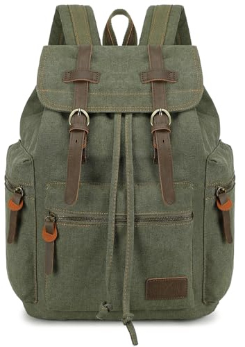 BLUBOON Vintage Rucksack Leder Trim Casual Bookbag Männer Frauen Laptop Reise Rucksack, olivgrün, Large, Schöner Vintage-Look und Haptik