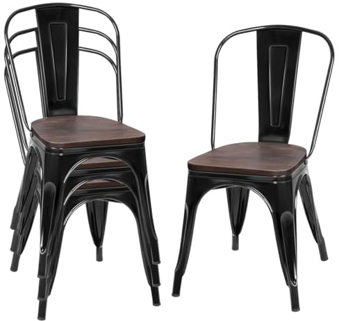 HOMASIS 4er Set Esszimmerstühle stapelbar, Essstuhl aus Metall mit Sitzfläche aus Ulmenholz, ergonomische Küchenstühle mit Abnehmbarer Rückenlehne für Wohnzimmer (Mit Ulmenholz Sitzfläche, Schwarz)