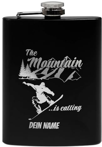 Flachmann mit Gravur aus Edelstahl selbst gestalten - The mountain is calling! - mit Name gravieren - Geschenk Wandern Skifahren - Praktische Taschengröße | Schwarz, 226 ml