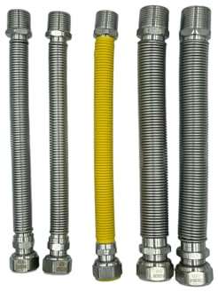 HM | Kit Installazione Caldaia con 5 Tubi Flessibili Inox 220–420mm | Attacchi MF per Acqua e Gas | Versione Nuda o Rivestita | Guarnizioni Incluse (Nudo – Attacco Gas 1/2)