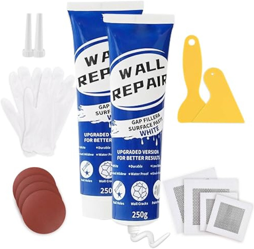Bubuny Spachtelmasse Weiß Innen, 500g Löcher Wand Füllen Weiß, Wandreparatur Creme mit 4 Trockenbau Flicken 4 Schleifpapier, Wall Repair Kit für Schnelle Reparatur von Rissen Graffiti und Löchern