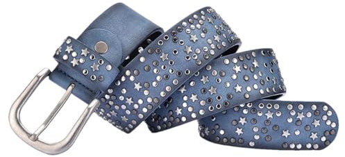 Damen-Nietengürtel, PU-Leder, Pailletten, Metallschnalle, breite Metall-Sternnietenperle, blau, 95 cm